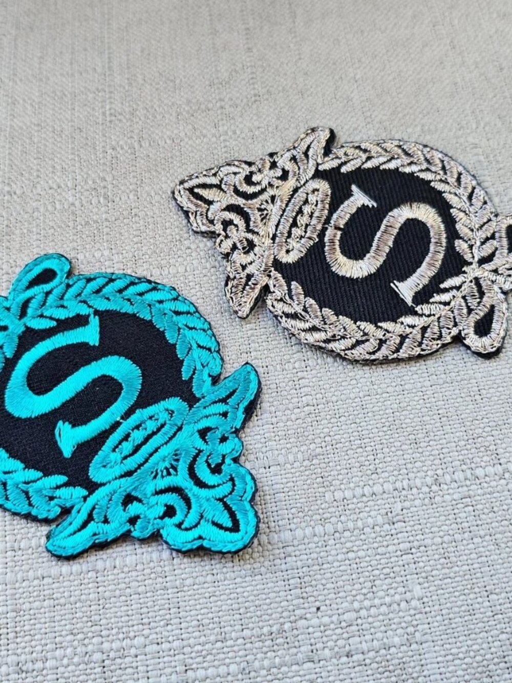 Initial S Iron On Embroidery Applique Patches Blue/Gold Tone Lot of 2 Patches